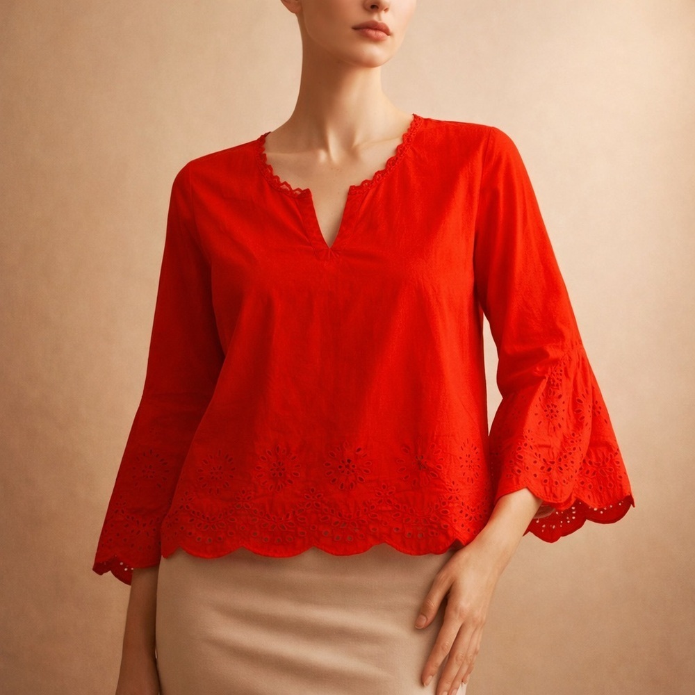 LOFT Red Eyelet Scallop Hem Blouse